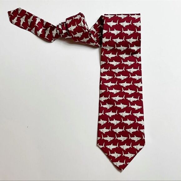 Josh Bach Necktie 100% Silk Red White Sharks Science Fisherman Ocean - Picture 1 of 7